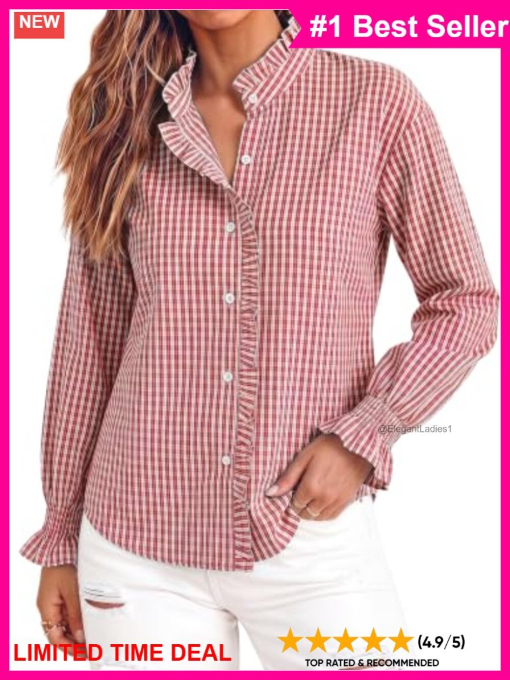 Cotton Blend Plaid Gingham Button Down Shirt Ruffle Collar Long Sleeve